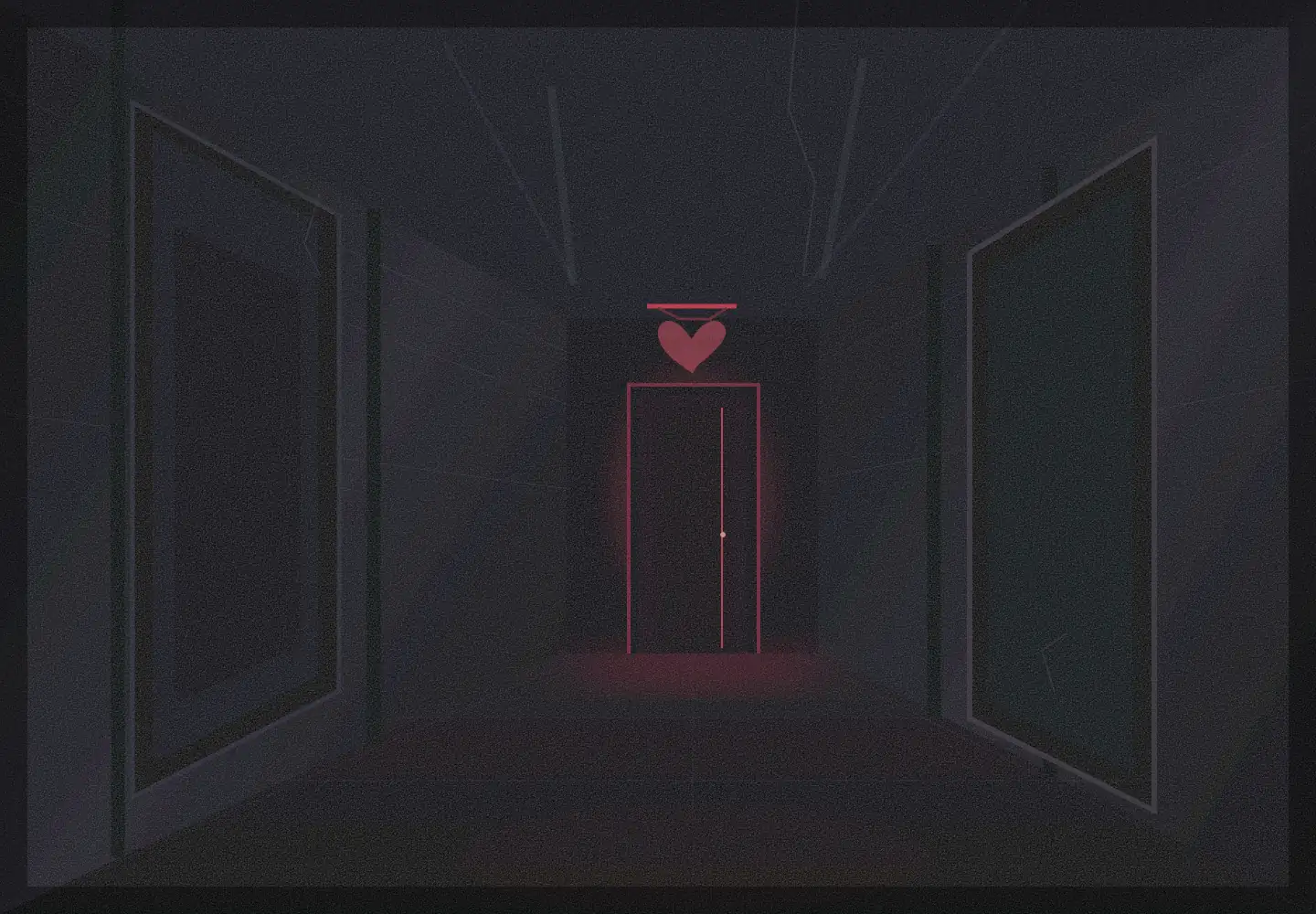 Original atmospheric illustration of a shadowed apartment corridor with a blood-red doorway