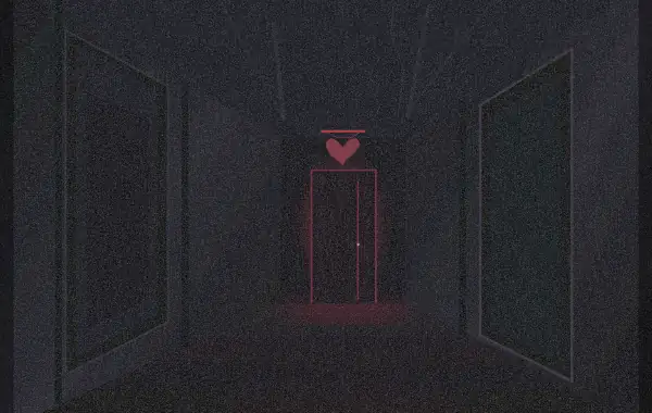 Original illustration of a dark corridor and a red-lit doorway